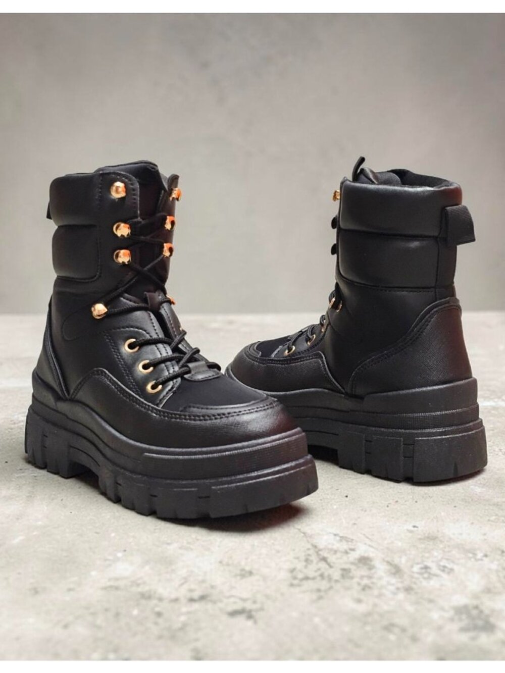 Chunky Black Combat Style Lace-Up Boots With Gold Eyelets For Women - Picture 8 of 9